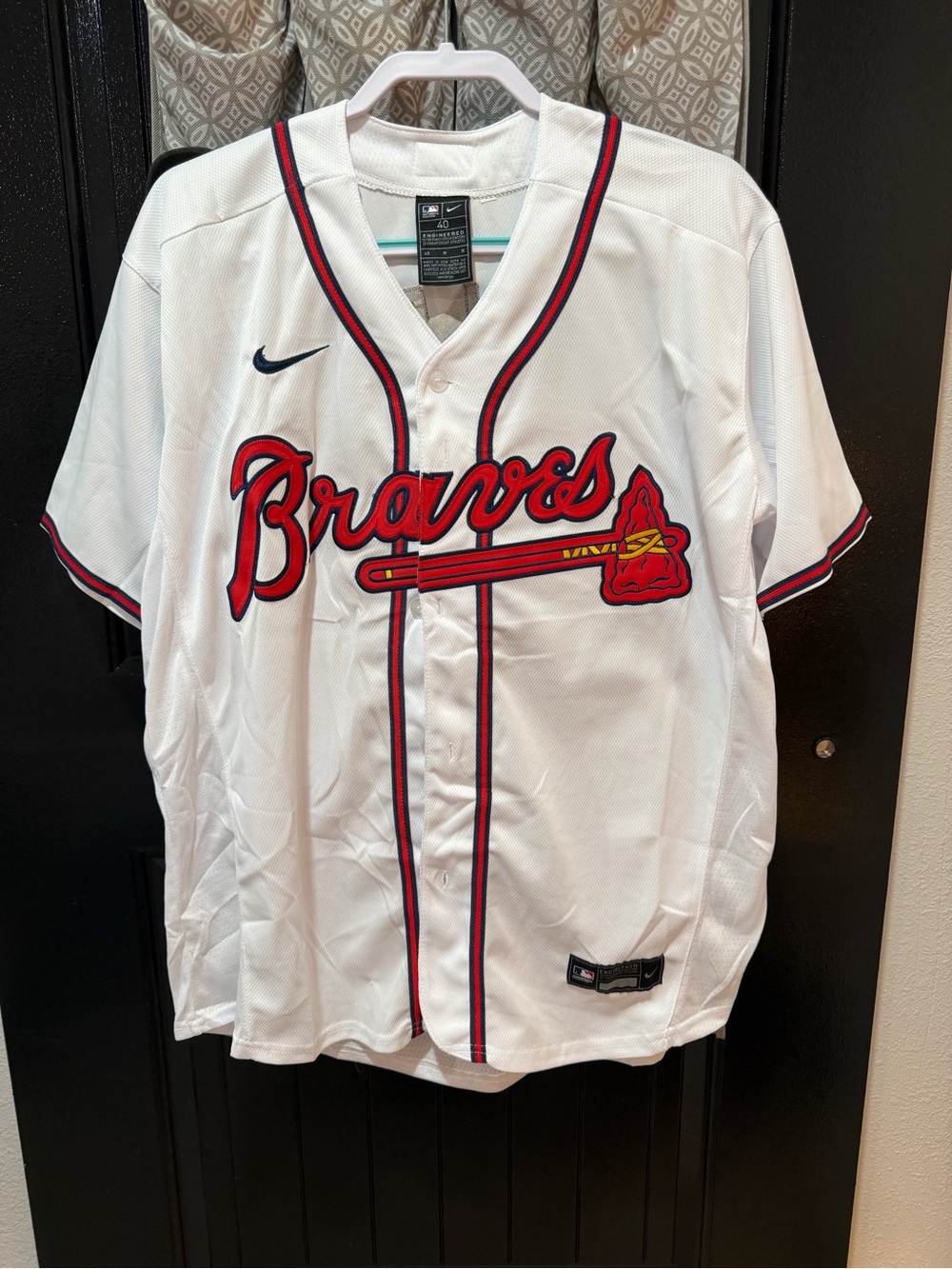 Nike White Braves Red Navy Script Baseball Jersey